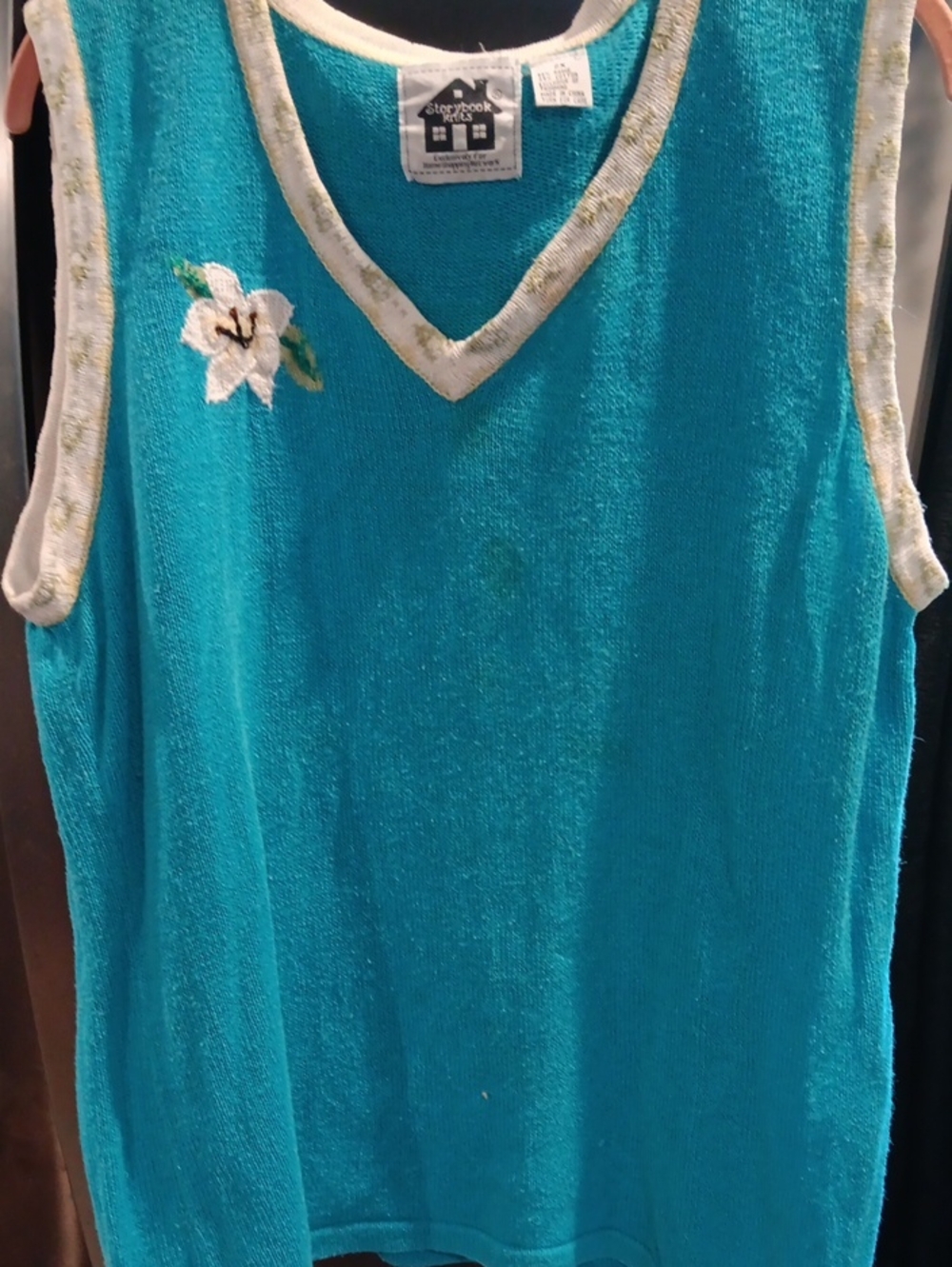 Storybook Knits Teal Tank Top with White Flower Embroidery